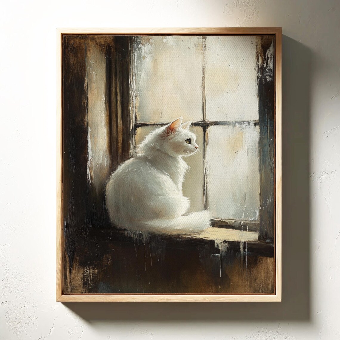 White Cat by a Dark Window Moody Vintage Animal Painting Poster - Image 4