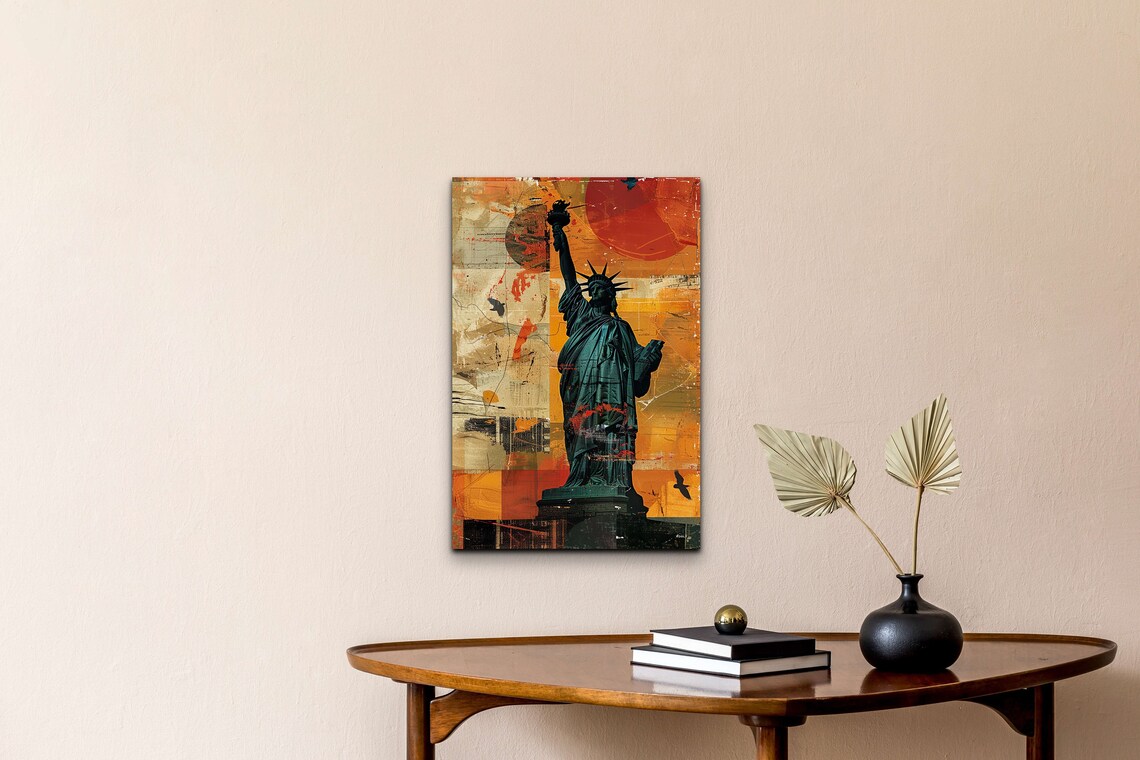 Statue of Liberty Abstract Collage with Giant Red Sun Wall Art - Image 5