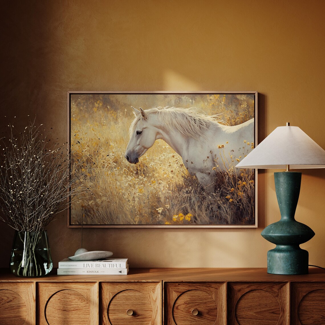 White Horse Golden Wildflower Meadow Equestrian Rustic Art Poster - Image 3