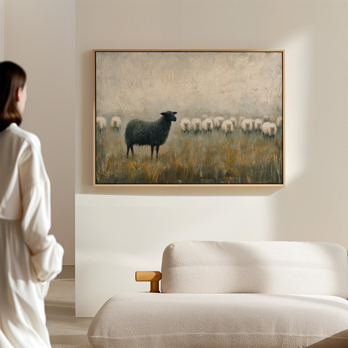 Black Sheep In Foggy Meadow Rustic Animal Art Print - Image 6