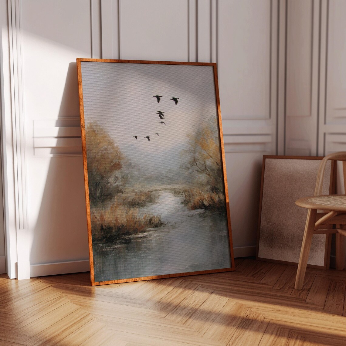 Flying Geese Misty River Vintage Oil Painting Calm Wetland Poster