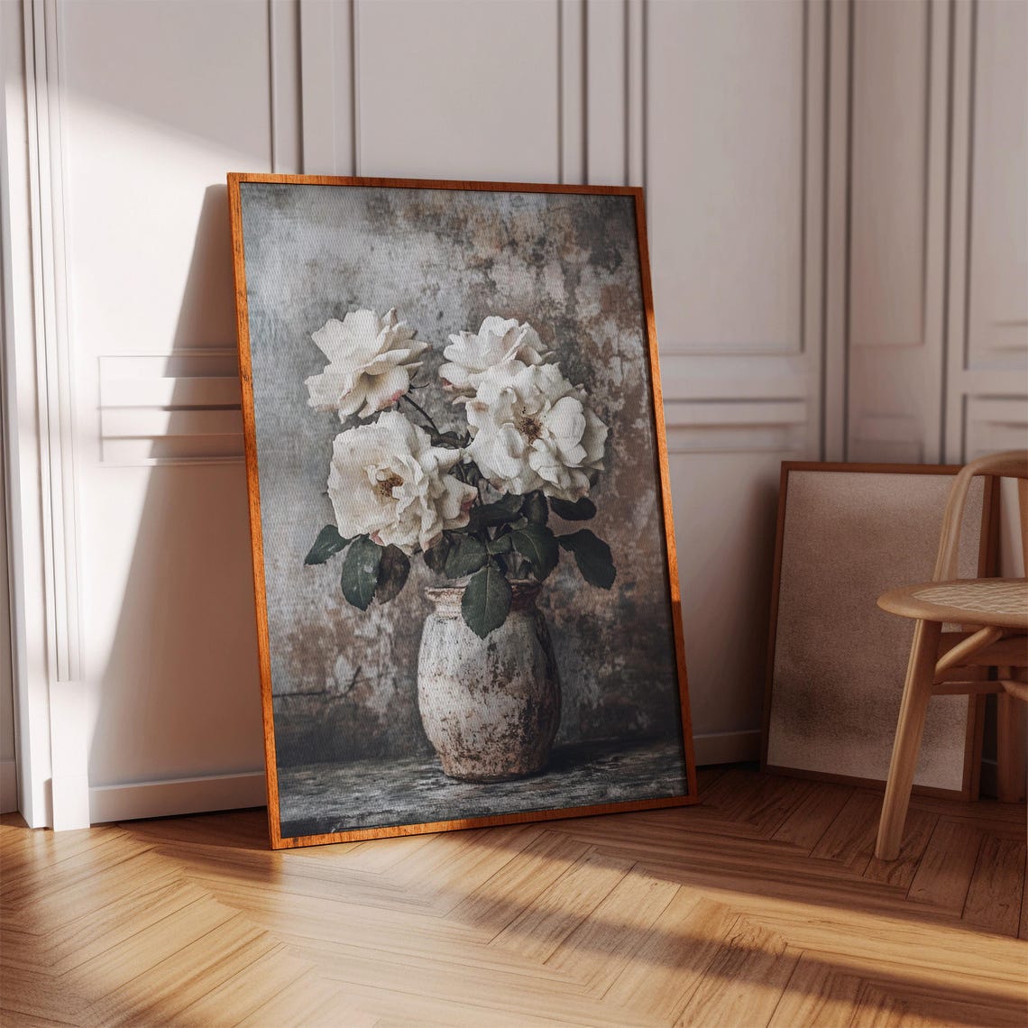 White Roses in a Rustic Vase Against Dark Weathered Wall Poster