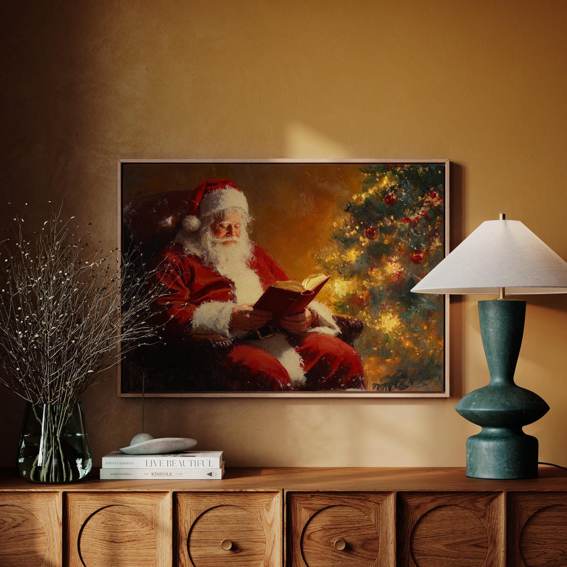 Santa Claus Reading Christmas Eve Story By Warm Tree Light Poster - Image 3