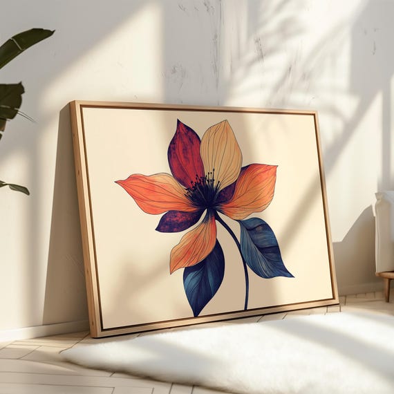 Orange And Red Flower Modern Botanical Line Drawing Canvas