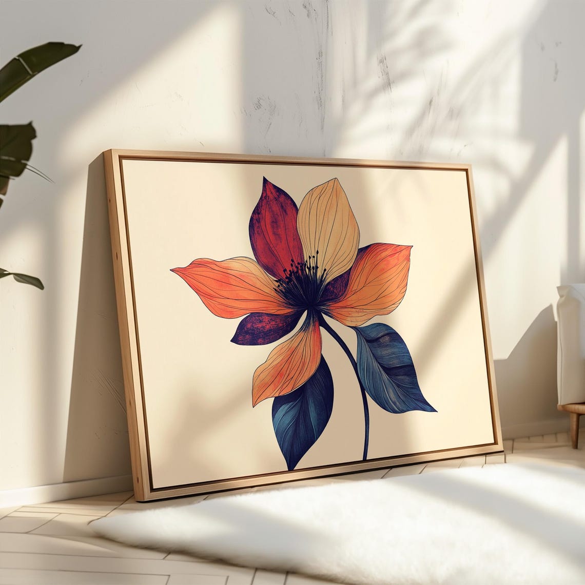 Orange And Red Flower Modern Botanical Line Drawing Canvas