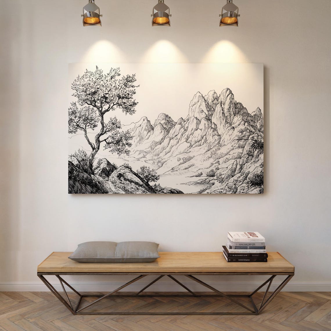 Black And White Mountain Ink Drawing With Pine Tree Art Poster - Image 3
