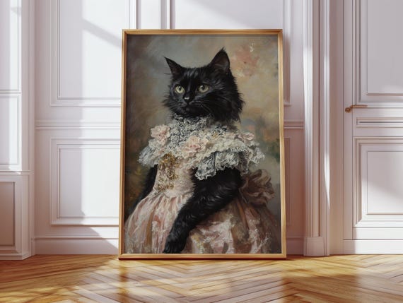 Victorian Black Cat Portrait, Elegant Pet Art Print