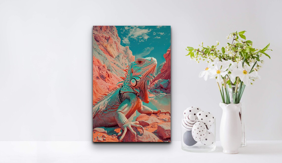 Vibrant Teal Orange Iguana Desert Rock Wildlife Reptile Poster - Image 6