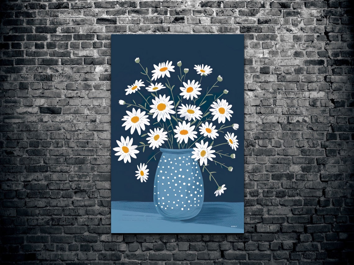 White Daisies In Blue Polka Dot Vase On Navy Background Poster - Image 2