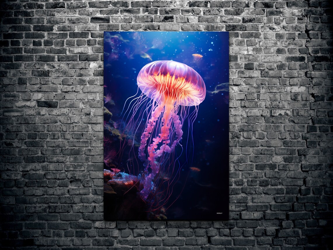 Bioluminescent Jellyfish Floating With Sunlight Shining Thru Glowing Jelly Fish Wall Art Print Ocean Art - Image 2