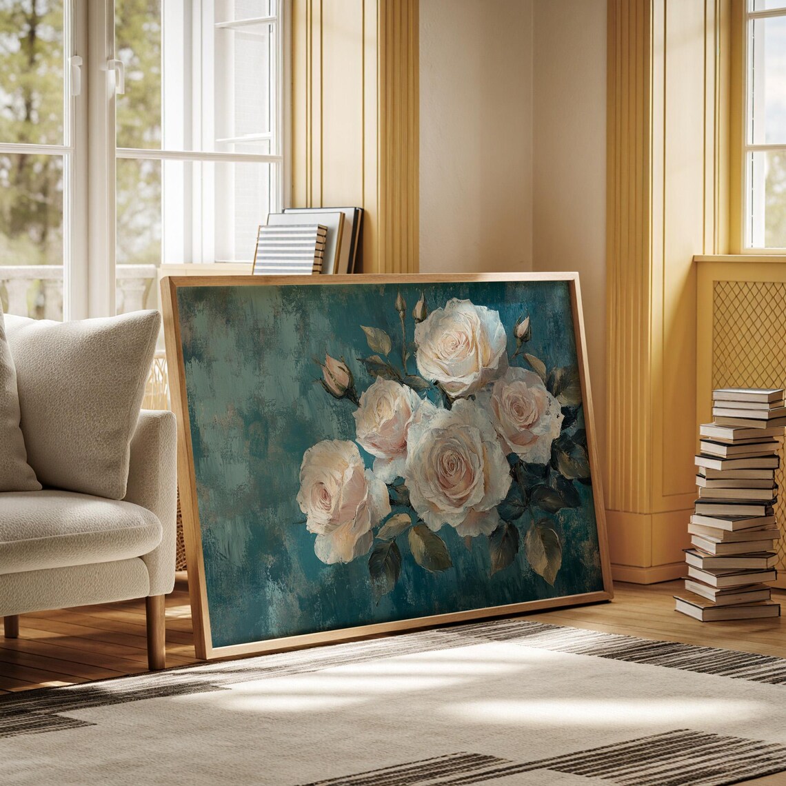 Elegant Cream Roses Teal Blue Vintage Floral Bouquet Wall Art - Image 5