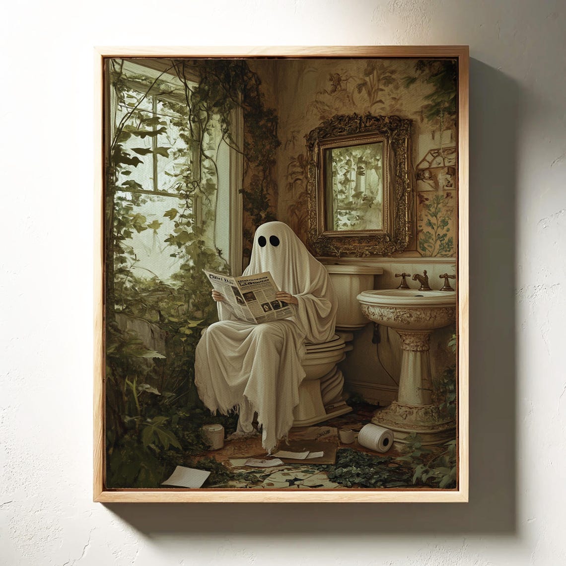 Vintage Ghost Reading Newspaper Wall Art Whimsical Gothic Bathroom Decor With Humorous And Creepy Charm