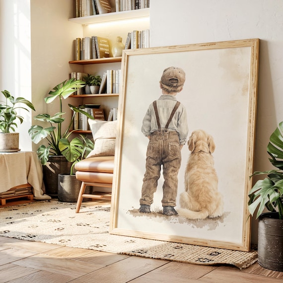 Boy and Golden Retriever Puppy Vintage Farmhouse Nursery Poster