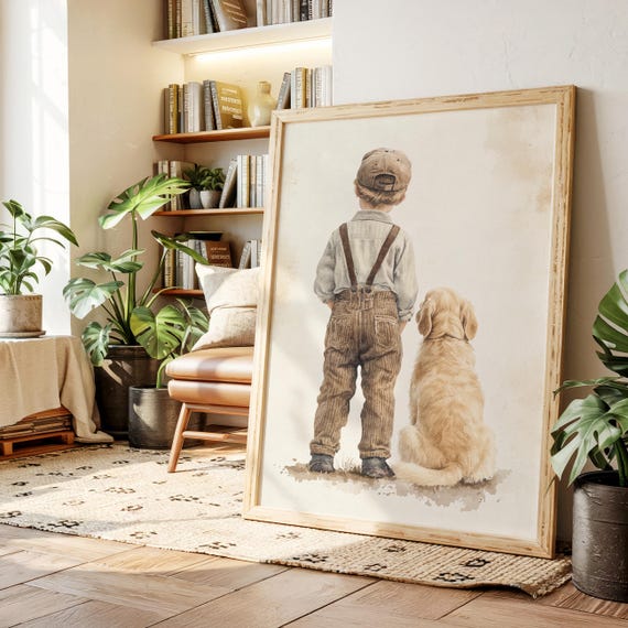 Vintage Boy And Dog Canvas Wall Art Rustic Farmhouse Nursery Print Country Childhood Poster Golden Retriever Back View