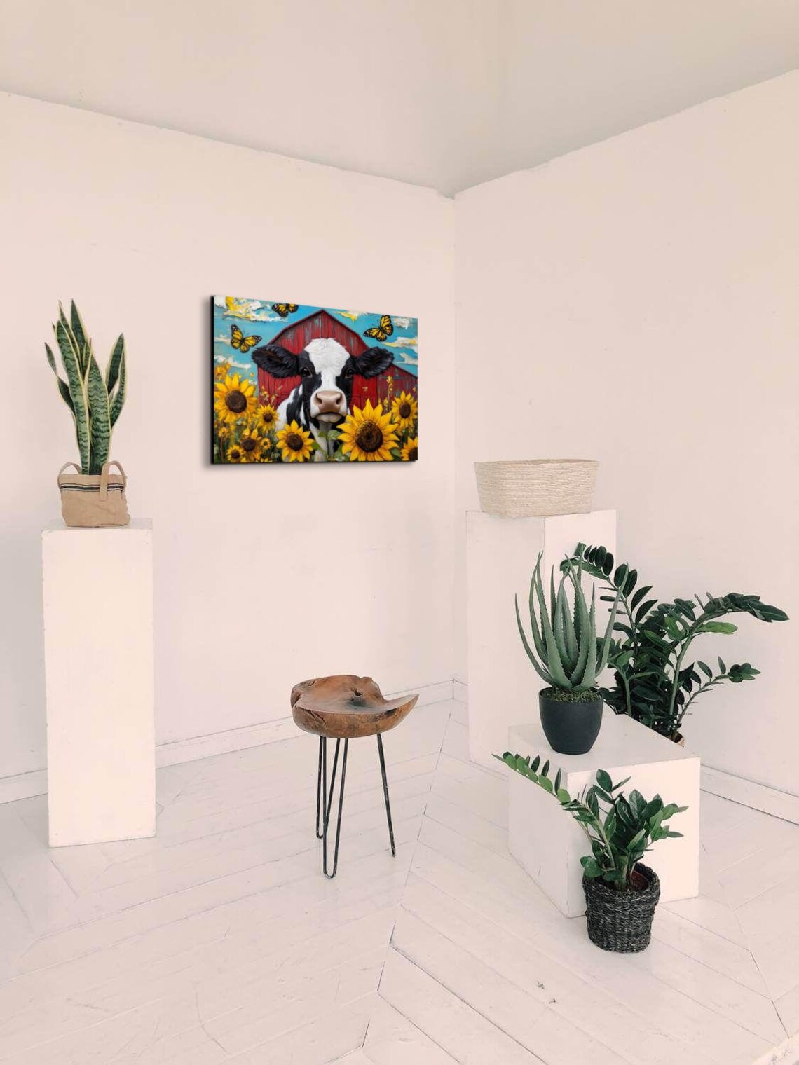 Cow in Sunflowers with Monarch Butterflies Red Barn Folk Poster - Image 3