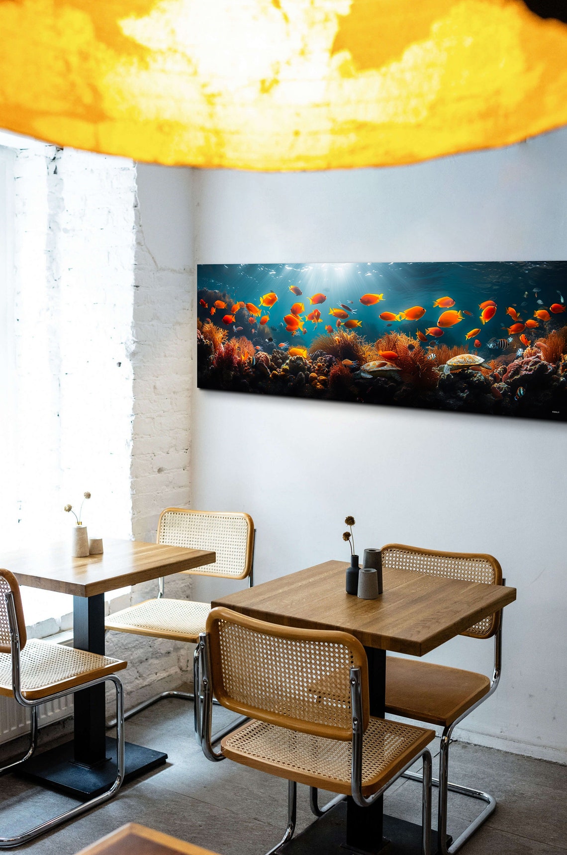 Orange Fish School Sea Turtle Coral Reef Underwater Panorama Wall Art - Image 4