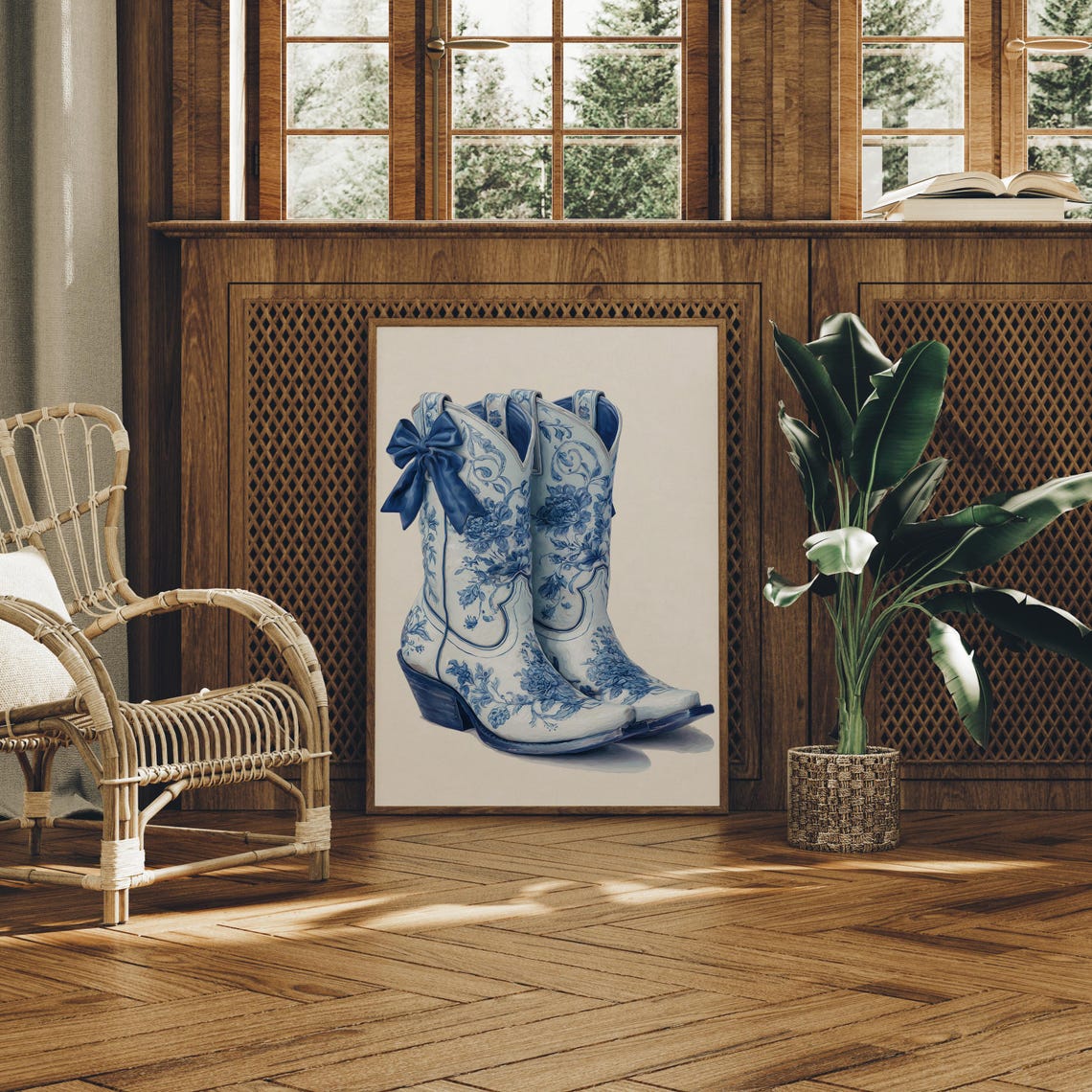 Blue White Floral Cowboy Boots With Bow Western Decor Poster