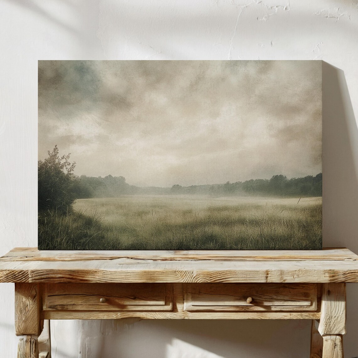 Serene Foggy Meadow Rustic Landscape Art Print - Image 7