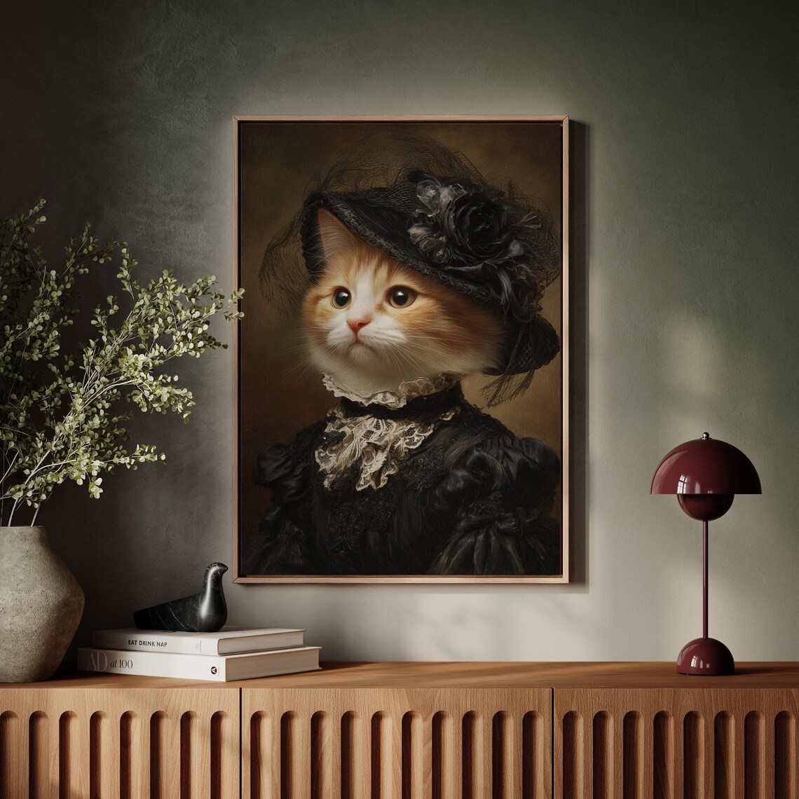 Gorgeous Regal Victorian Cat In Black Lace Dress Floral Hat Wall Art