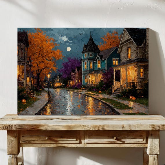 Victorian Street On Halloween Night, Autumn Art Print