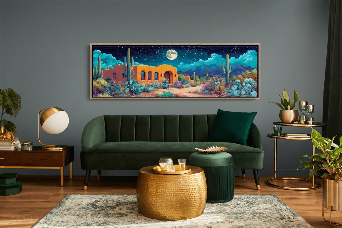 Desert Nightscape Art Adobe Home Under Full Moon With Cacti And Mountains Southwestern Wall Decor For Modern Interiors - Image 5