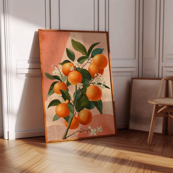 Orange Tree Canvas Wall Art With Blossoms Modern Botanical Citrus Print Vibrant Fruit Illustration For Kitchen Or Dining Room Dcor