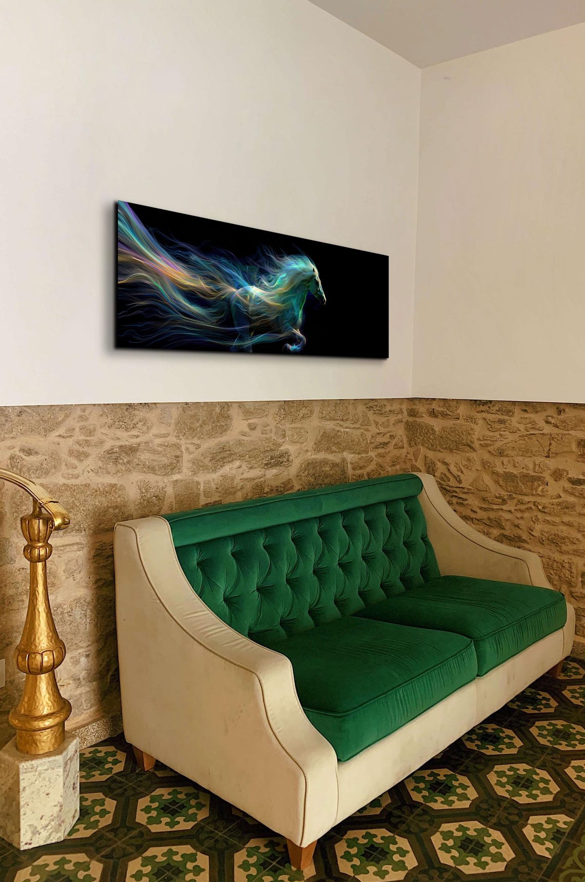 Neon Rainbow Mane Running Horse on Black Panoramic Art Poster - Image 7