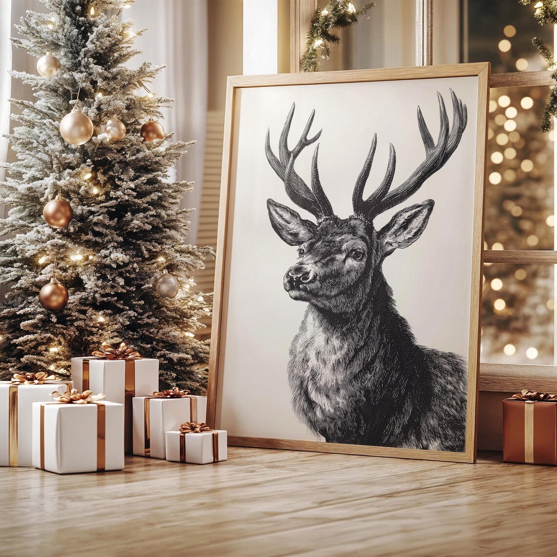 Vintage Engraving of Majestic Stag With Antlers Wildlife Poster
