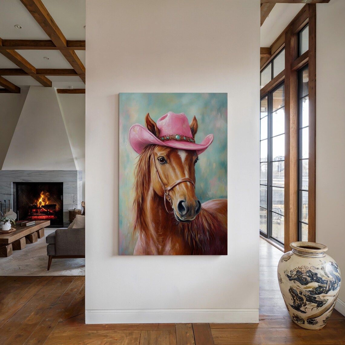 Chestnut Horse in Pink Cowboy Hat Turquoise Concho Band Poster - Image 2
