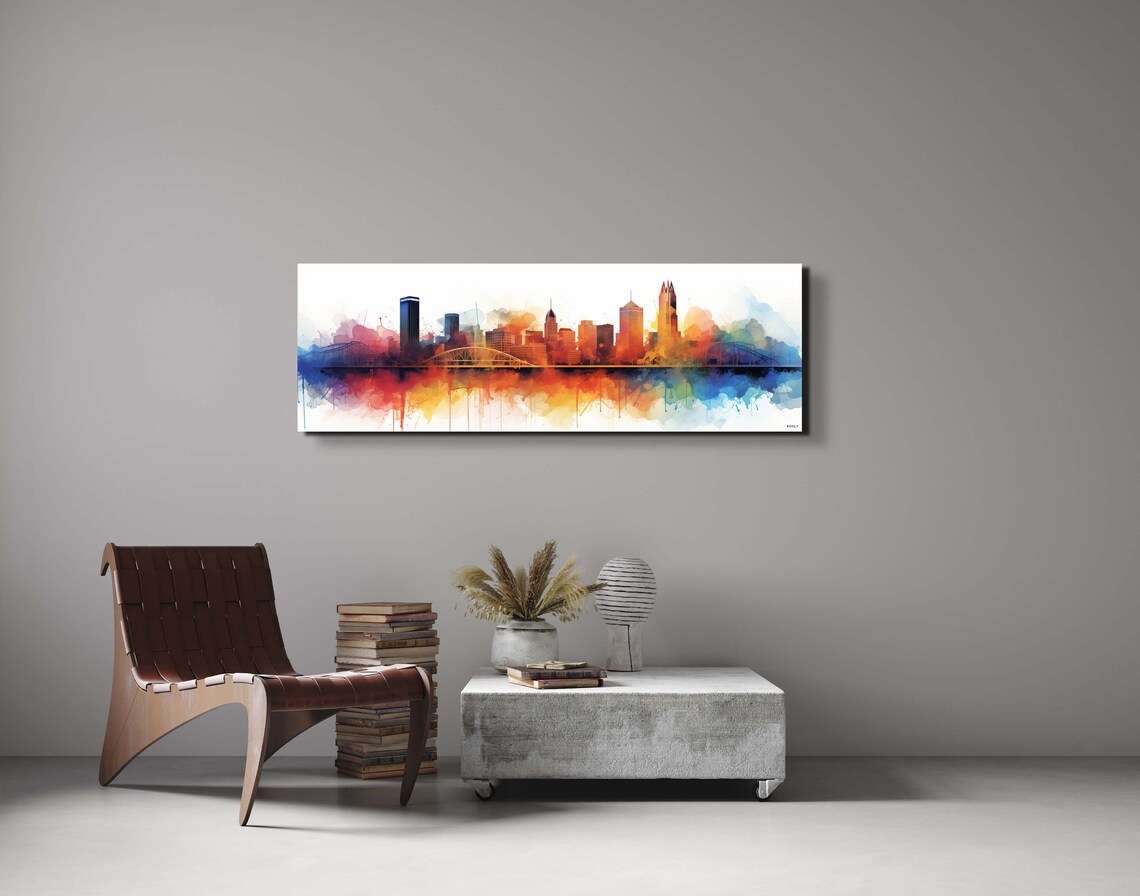 Pittsburgh Skyline Watercolor Poster With Colorful River Reflections - Image 7