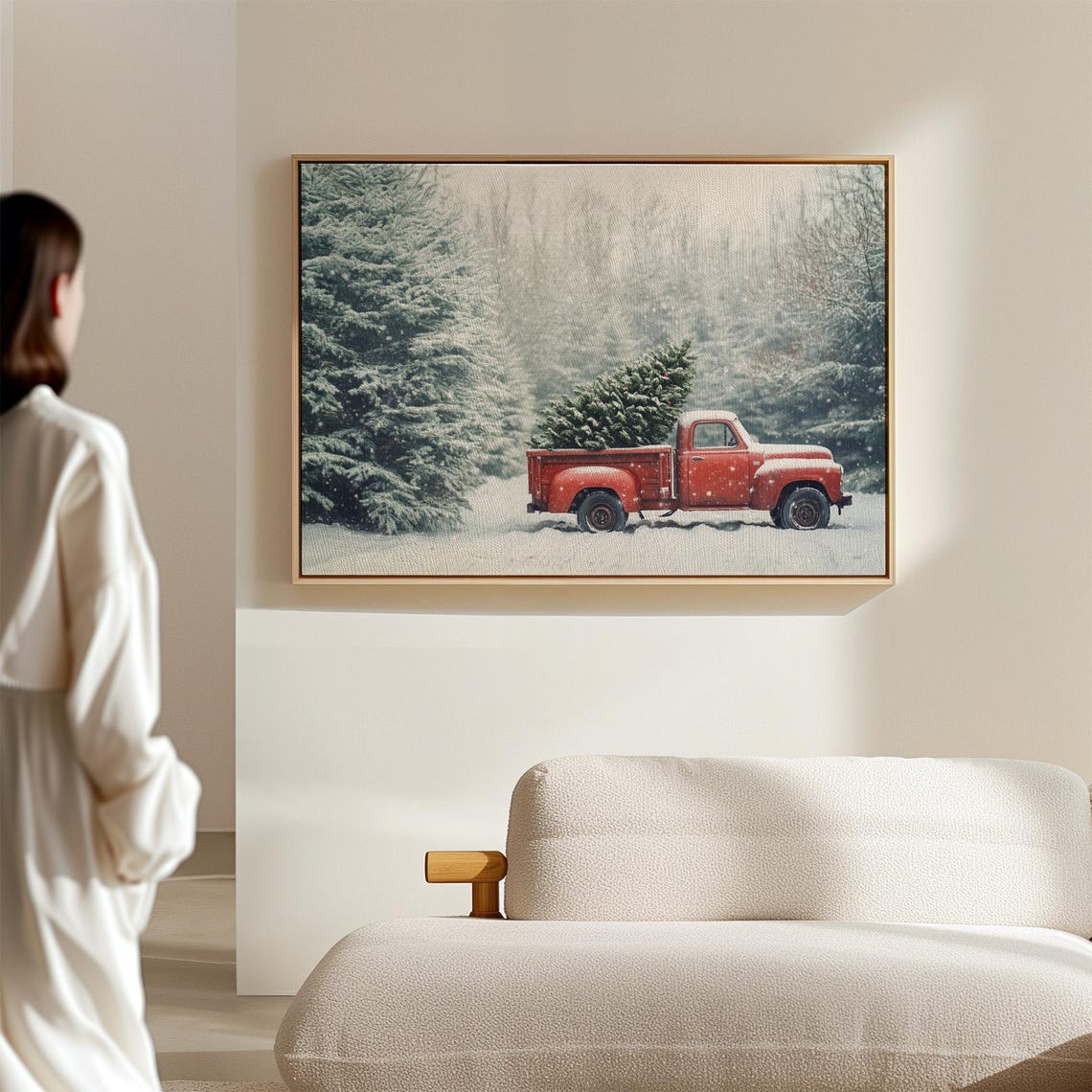 Vintage Red Truck Hauling a Christmas Tree Through Falling Snow Poster - Image 7