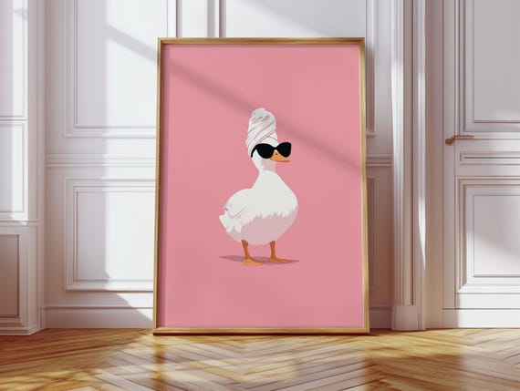 Trendy Duck Wall Art With Sunglasses Towel Funny Pink Animal Canvas Print Quirky Bathroom Or Bedroom Dcor