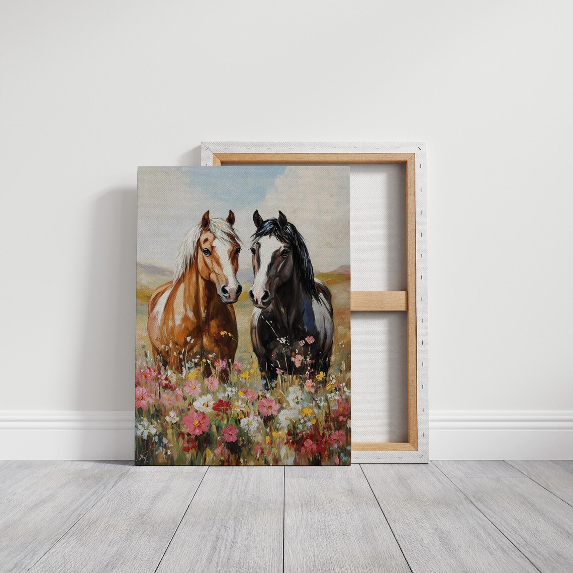 Pair of Horses Standing Together in Wildflower Field Pastoral Poster - Image 2