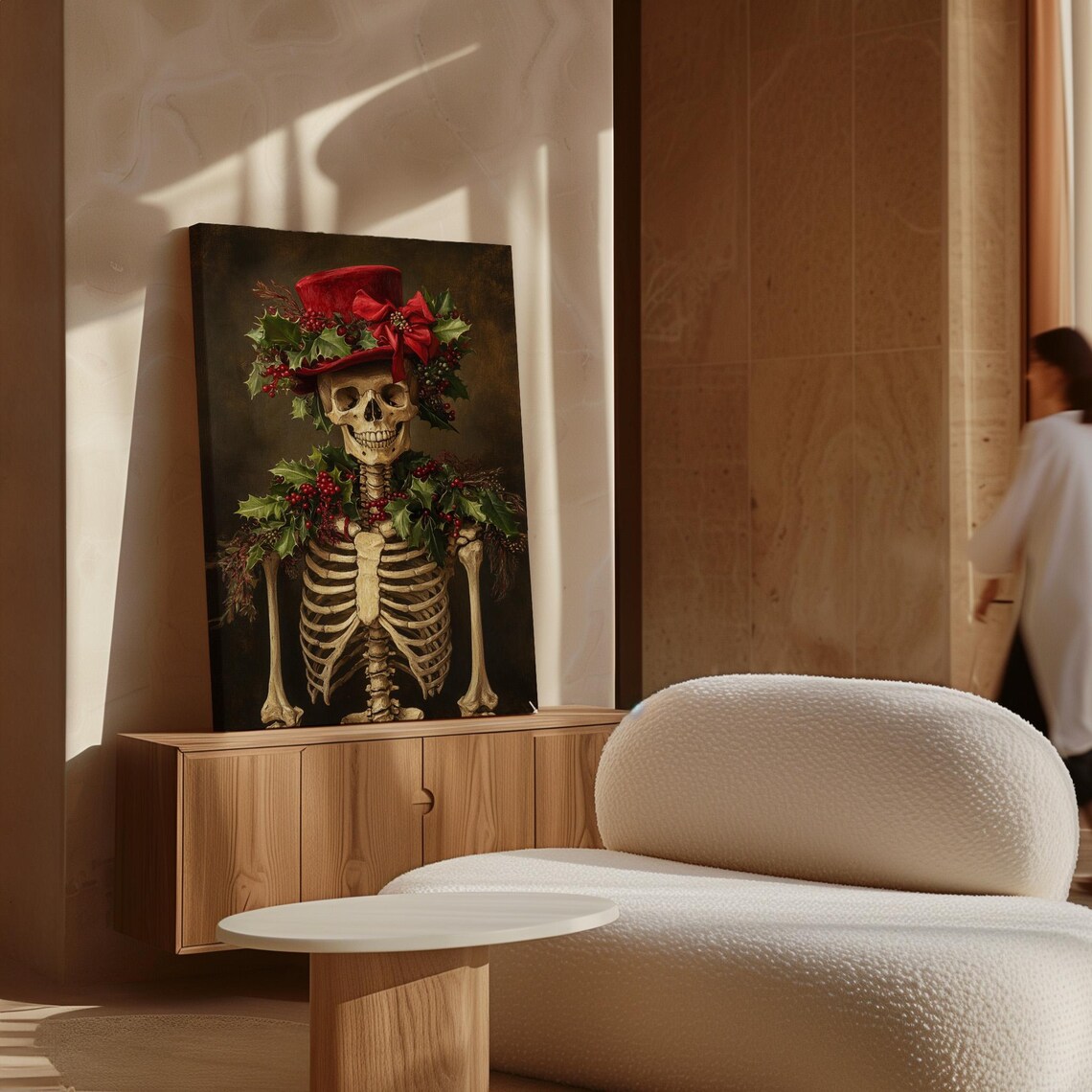 Festive Skeleton in Red Top Hat with Holly Berries Holiday Gothic Poster - Image 3