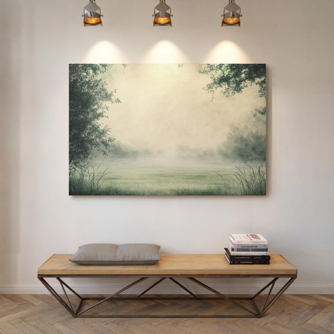 Tranquil Misty Meadow With Soft Fog And Tree Lined Green Field Poster - Image 4