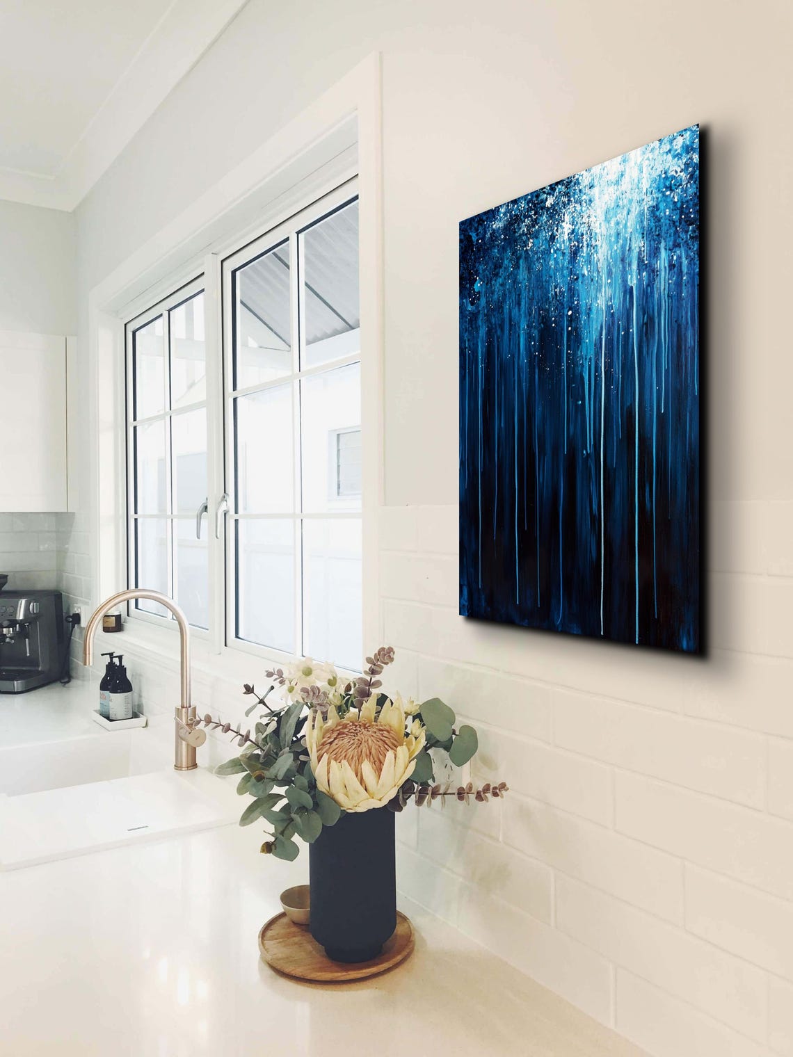 Midnight Blue Rain Streaks Abstract Moody Night Sky Art Poster - Image 6