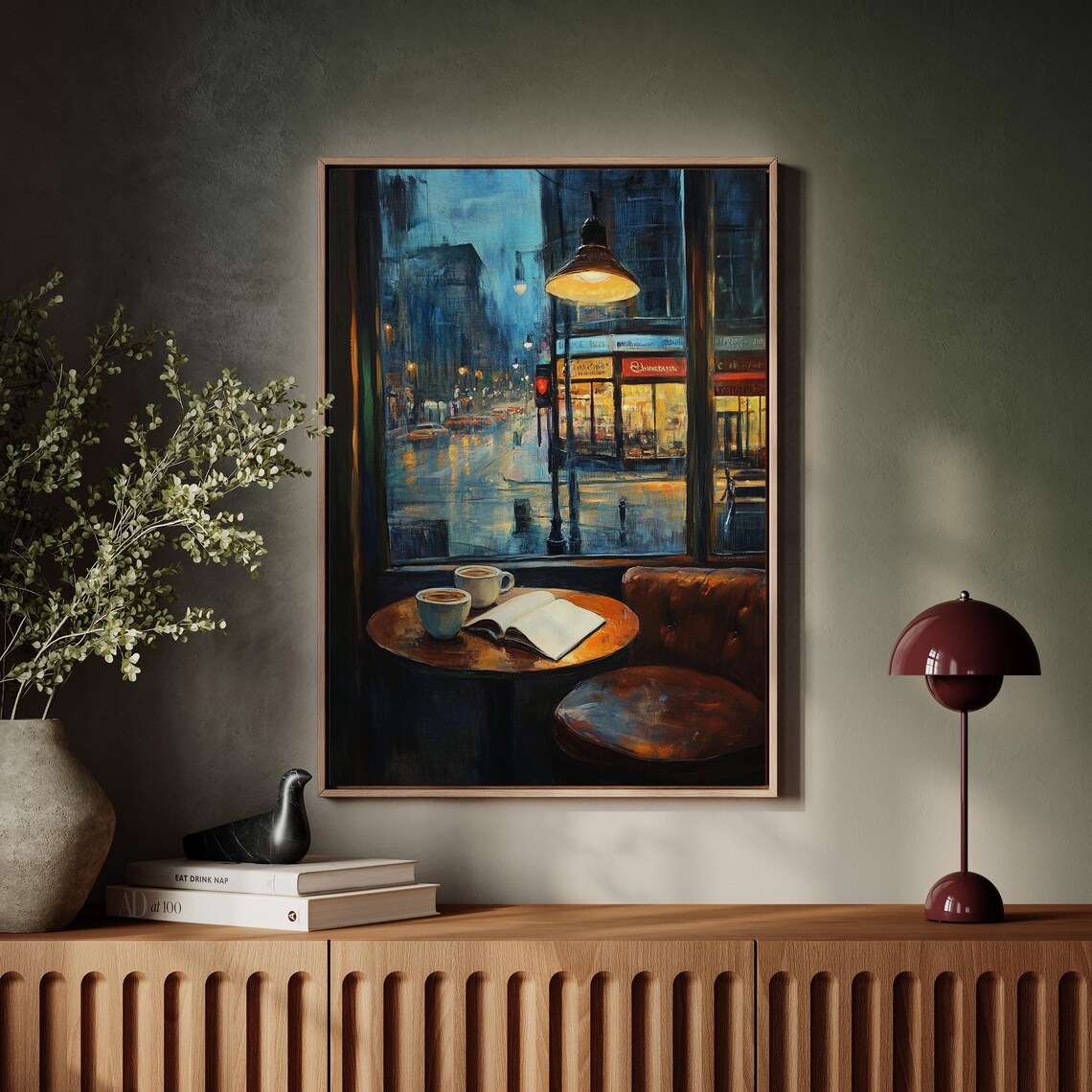 Rainy Night Café Scene Art Print, Urban Reflections - Image 7