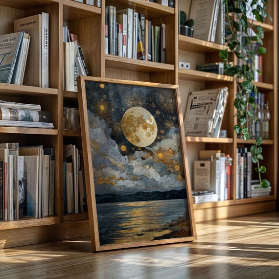 Golden Moon Over Starlit Sea
