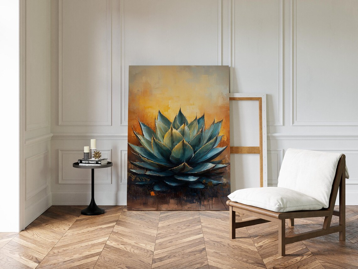 Blue Agave Succulent Painting On Gold Southwestern Art Poster - Image 5