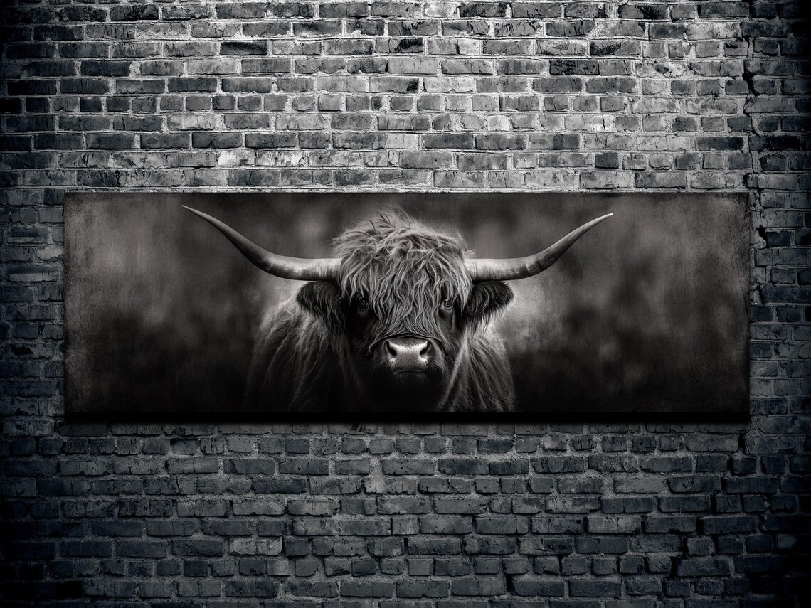 Highland Cow Portrait Black and White Panoramic Photo Poster - Image 2