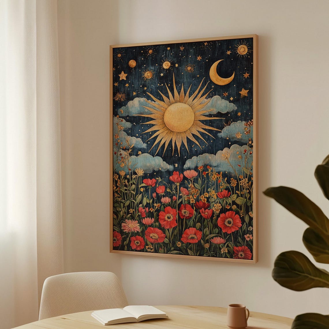 Golden Sun And Crescent Moon Over Red Poppy Meadow Night Poster - Image 3
