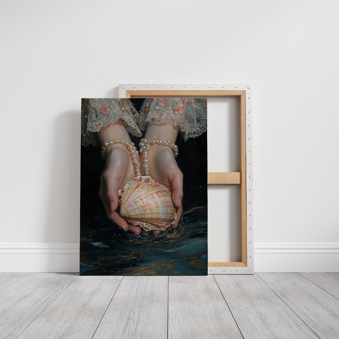 Elegant Hands Holding Seashell And Pearls Wall Art Coastal Vintage Decor Ocean Inspired Romantic Artwork - Image 3