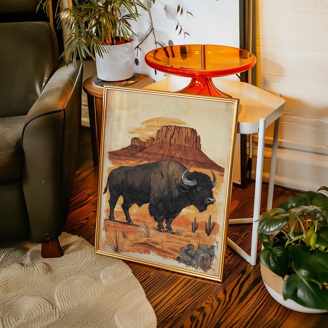 Western Bison Buffalo Desert Sunset Monument Valley Landscape Poster