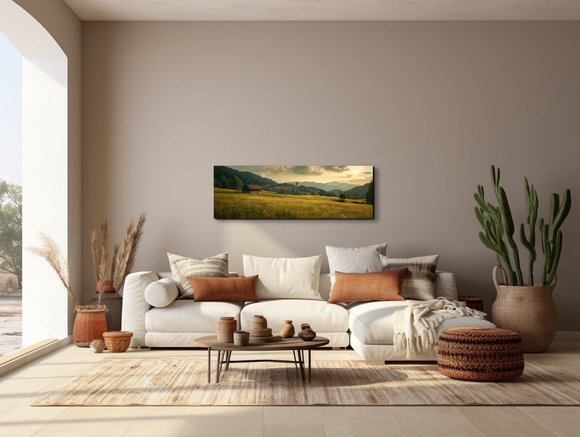 Golden Field with a Wooden Cabin Beneath Mountain Sunset Poster - Image 6