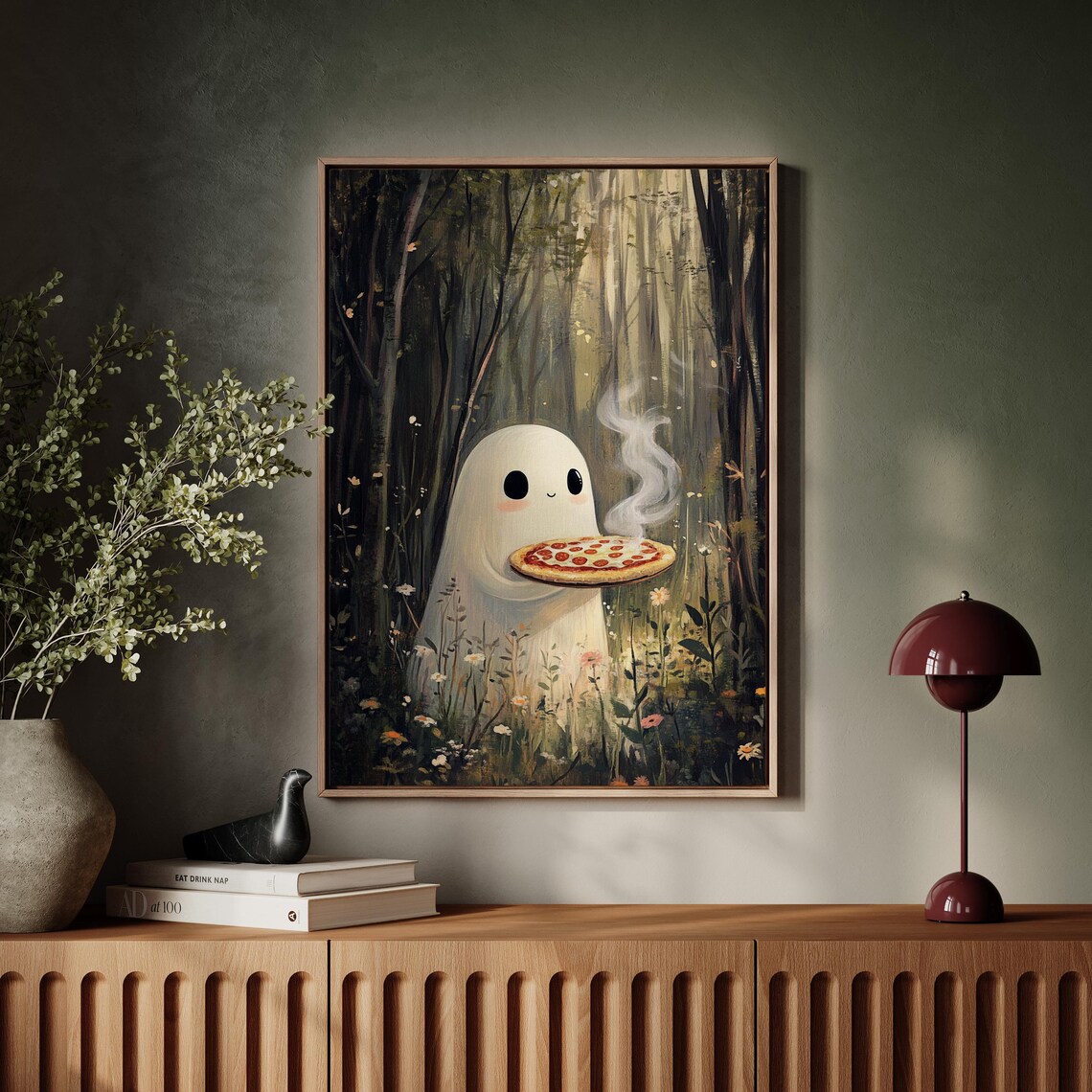 Whimsical Forest Ghost Serving Fresh Pizza Art Print - Image 4