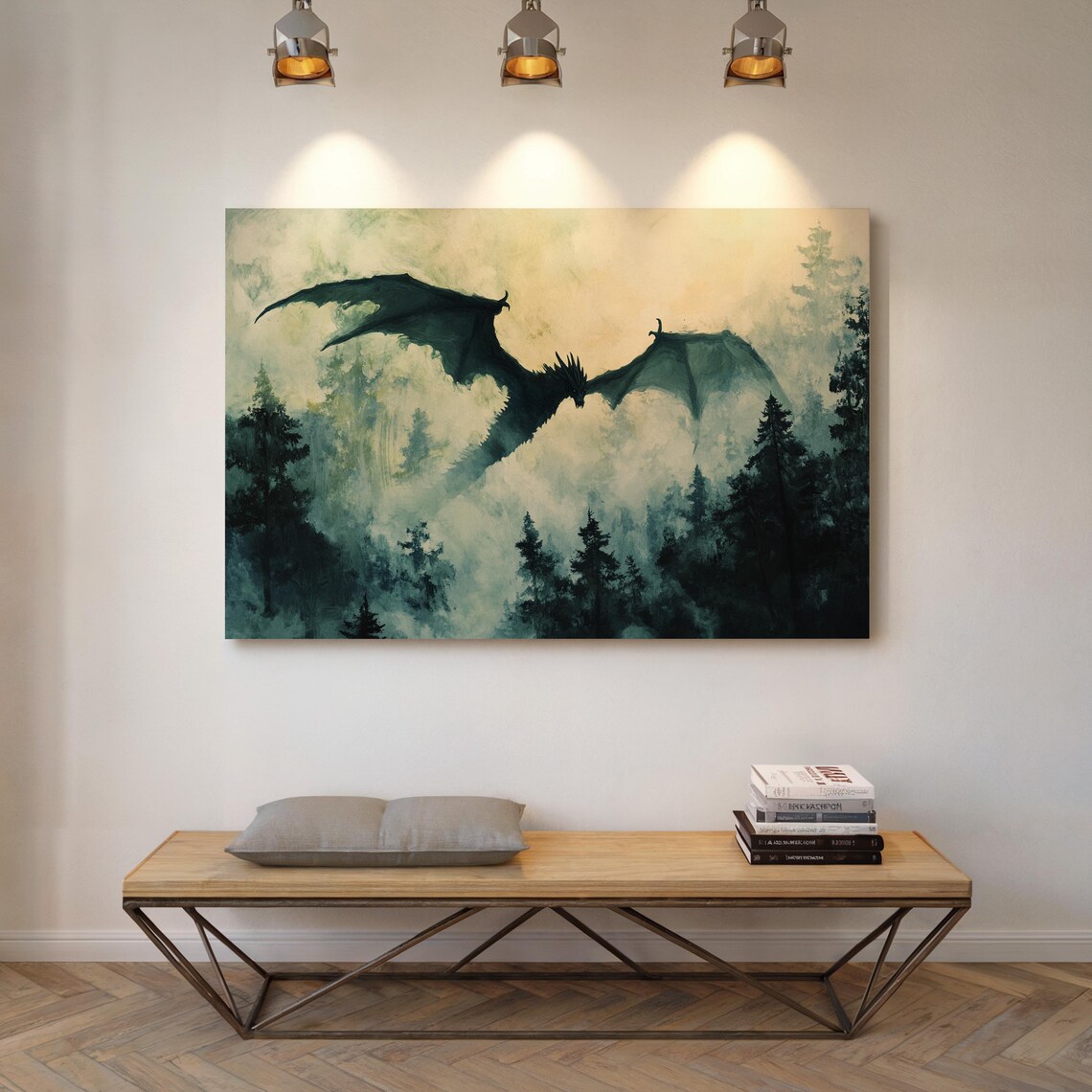 Majestic Dragon Silhouette Soaring Above Misty Forest Stunning Fantasy Wall Art For Home Or Office Decor - Image 4