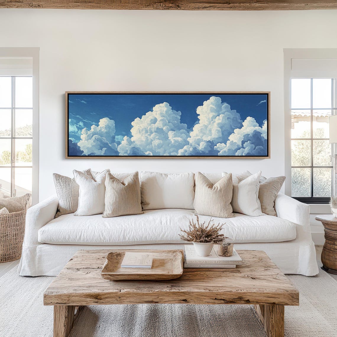 Panoramic Cloudscape Print Fluffy Blue Sky Wall Art Dreamy Cloud Painting Serene Nature Decor Large Wall Art - Image 4