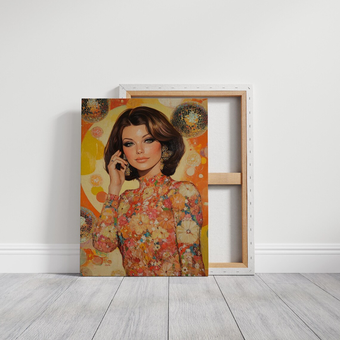 Retro Disco Portrait Of Glamorous Woman Floral Dress 70s Art Poster - Image 3