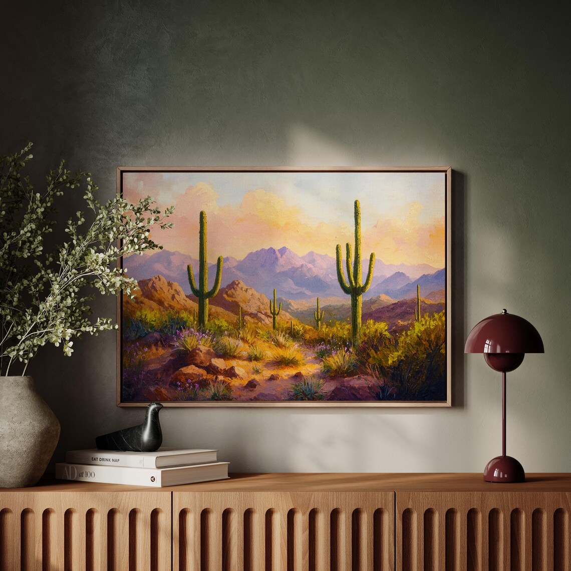 Desert Sunset Saguaro Cactus Mountain Vintage Oil Painting Poster - Image 4