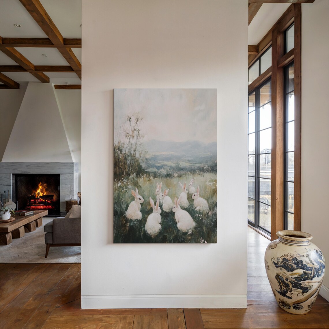White Rabbits in Meadow, Rustic Farmhouse Decor - Image 3